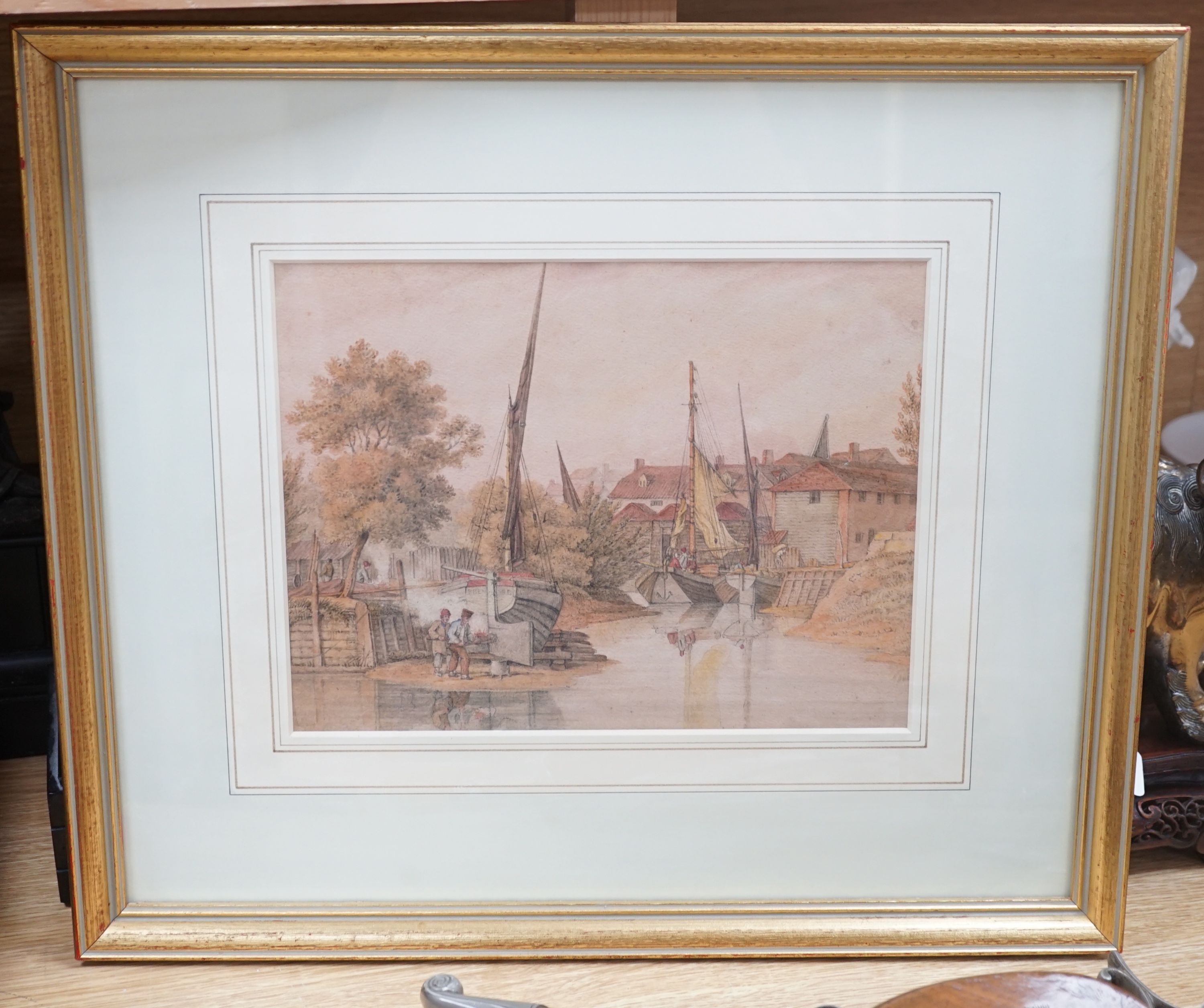 Attributed to George Shepard (D.1861), Boatyard on the Thames at Brentford, watercolor, 21.5 x 28cm